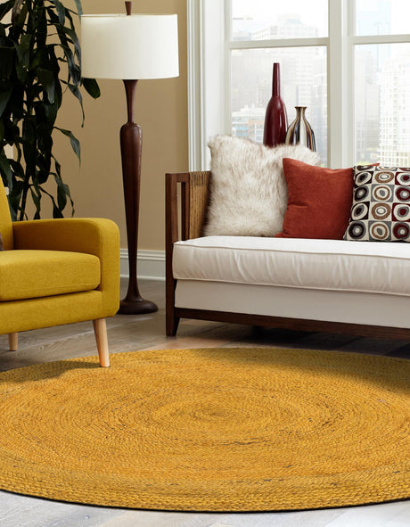 Yellow 8' x 8' Braided Jute Round Area Rug 100% Jute Hand Braided Natural Eco-Friendly Boho Style Carpet for Living Rooms Dining Office Space Dorms for Sale at Rug Engine
