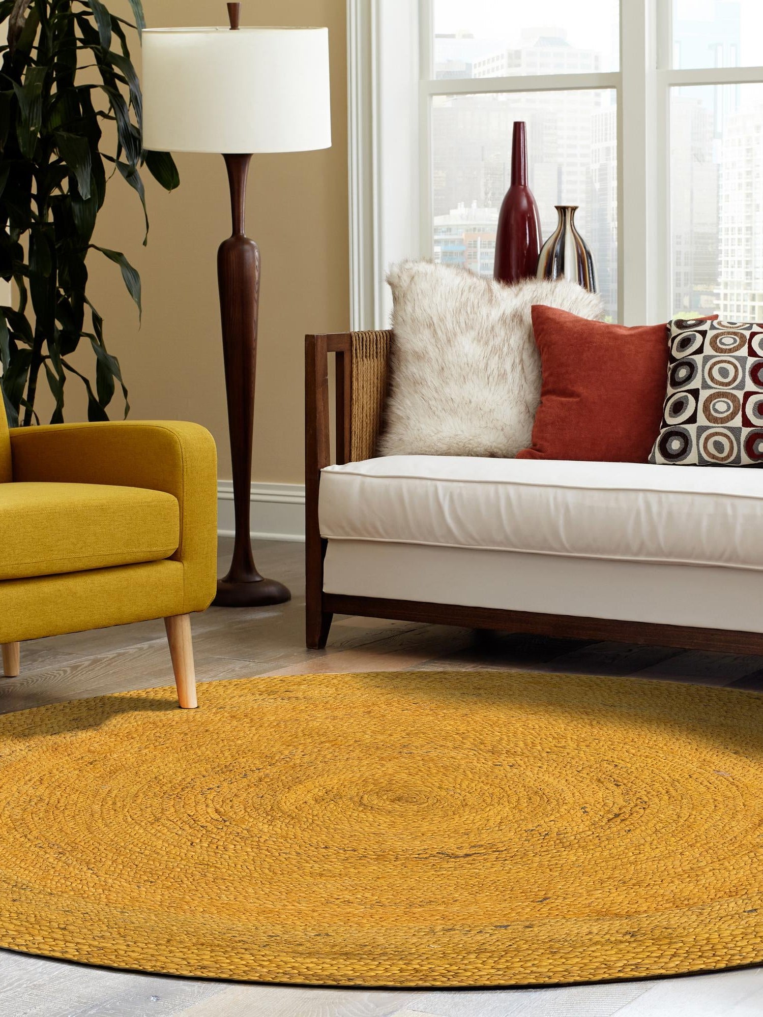 Yellow 5' 1 x 5' 1 Braided Jute Round Area Rug 100% Jute Hand Braided Natural Eco-Friendly Boho Style Carpet for Living Rooms Dining Office Space Dorms for Sale at Rug Engine