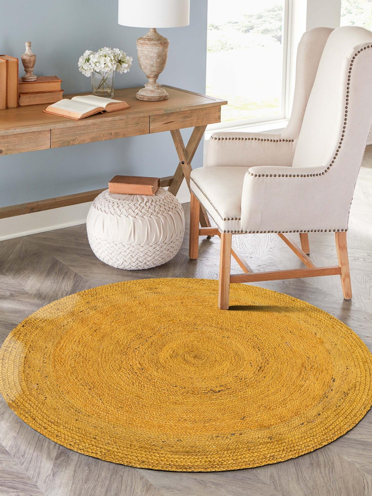 Yellow 3' 3 x 3' 3 Braided Jute Round Area Rug 100% Jute Hand Braided Natural Eco-Friendly Boho Style Carpet for Living Rooms Dining Office Space Dorms for Sale at Rug Engine