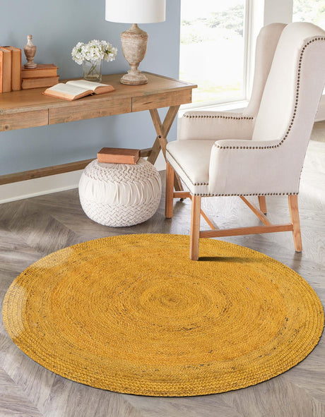 Yellow 3' 3 x 3' 3 Braided Jute Round Area Rug 100% Jute Hand Braided Natural Eco-Friendly Boho Style Carpet for Living Rooms Dining Office Space Dorms for Sale at Rug Engine