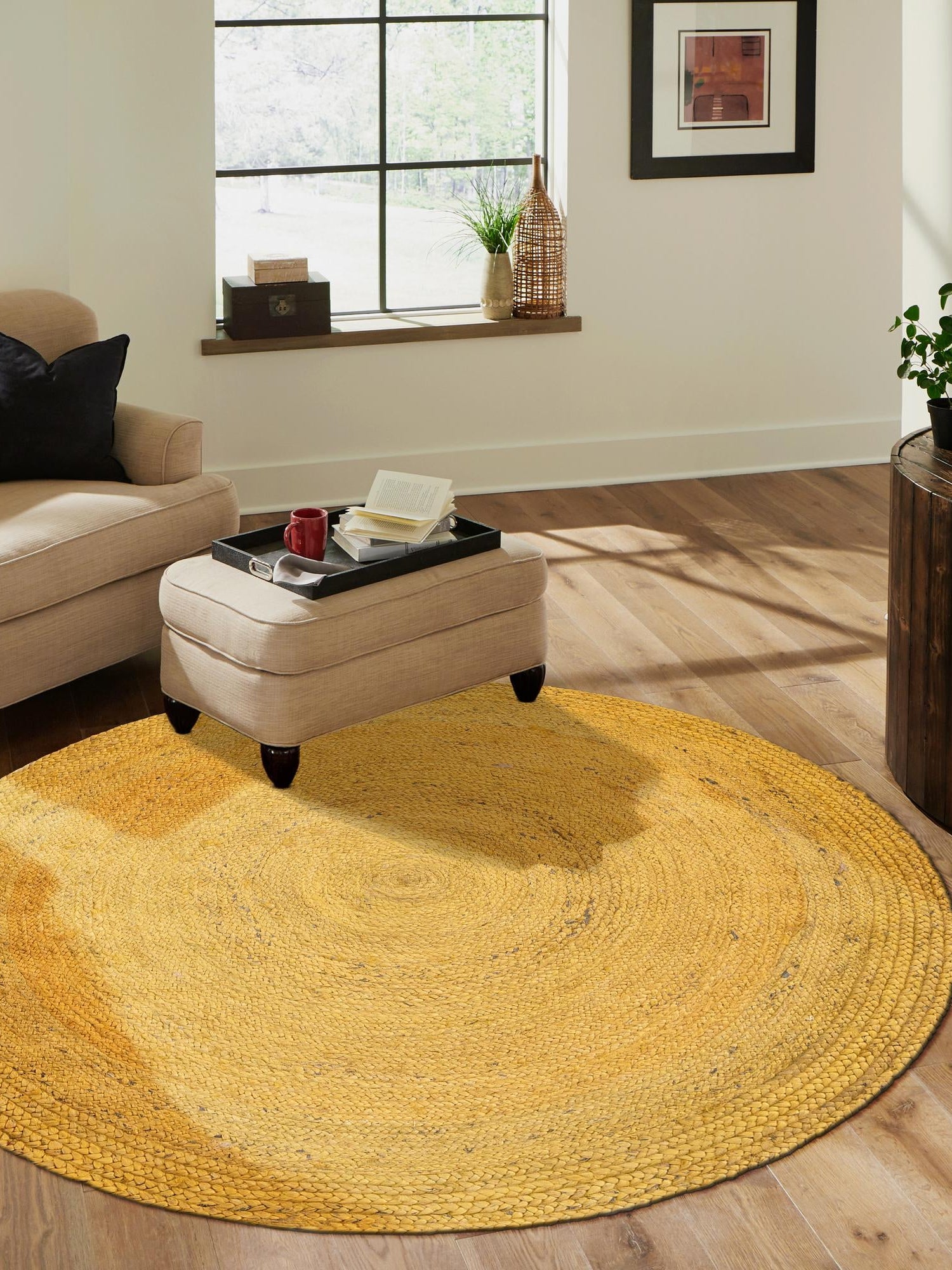Yellow 3' 3 x 3' 3 Braided Jute Round Area Rug 100% Jute Hand Braided Natural Eco-Friendly Boho Style Carpet for Living Rooms Dining Office Space Dorms for Sale at Rug Engine