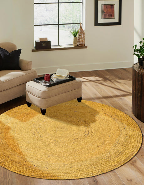 Yellow 5' 1 x 5' 1 Braided Jute Round Area Rug 100% Jute Hand Braided Natural Eco-Friendly Boho Style Carpet for Living Rooms Dining Office Space Dorms for Sale at Rug Engine