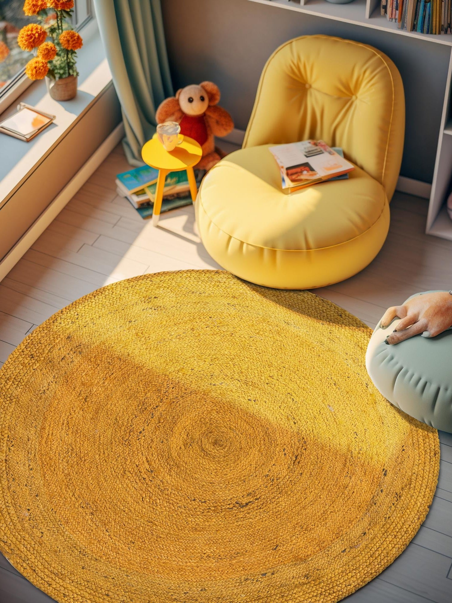 Yellow 3' 3 x 3' 3 Braided Jute Round Area Rug 100% Jute Hand Braided Natural Eco-Friendly Boho Style Carpet for Living Rooms Dining Office Space Dorms for Sale at Rug Engine