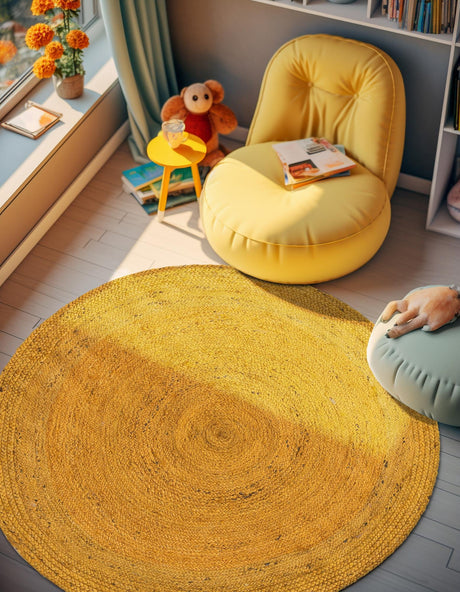 Yellow 3' 3 x 3' 3 Braided Jute Round Area Rug 100% Jute Hand Braided Natural Eco-Friendly Boho Style Carpet for Living Rooms Dining Office Space Dorms for Sale at Rug Engine