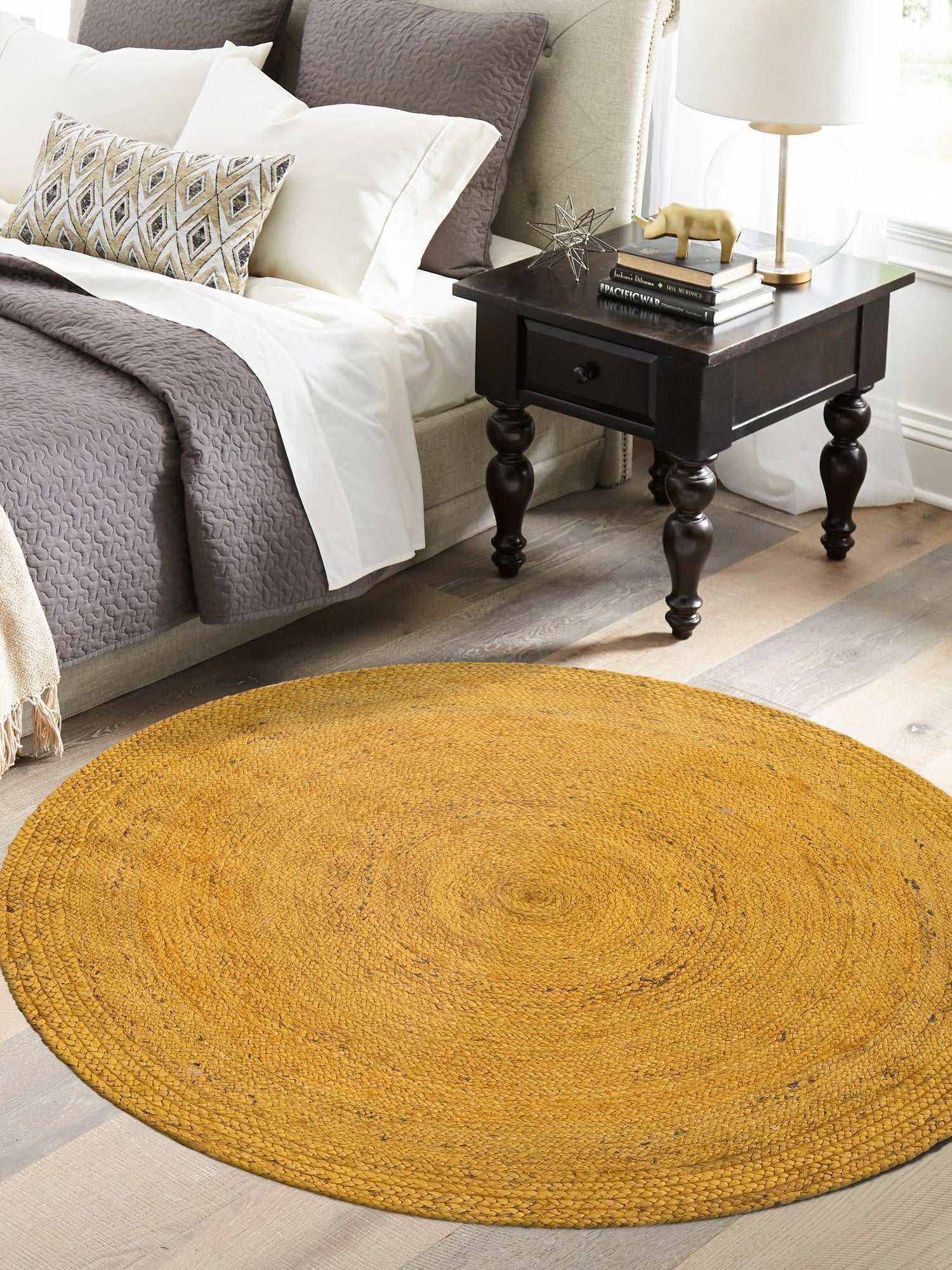 Yellow 5' 1 x 5' 1 Braided Jute Round Area Rug 100% Jute Hand Braided Natural Eco-Friendly Boho Style Carpet for Living Rooms Dining Office Space Dorms for Sale at Rug Engine