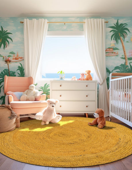 Yellow 5' 1 x 5' 1 Braided Jute Round Area Rug 100% Jute Hand Braided Natural Eco-Friendly Boho Style Carpet for Living Rooms Dining Office Space Dorms for Sale at Rug Engine