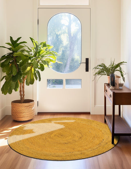Yellow 5' 1 x 5' 1 Braided Jute Round Area Rug 100% Jute Hand Braided Natural Eco-Friendly Boho Style Carpet for Living Rooms Dining Office Space Dorms for Sale at Rug Engine
