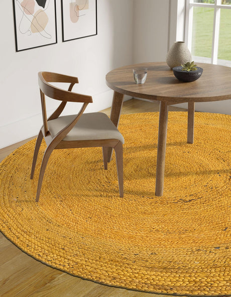 Yellow 5' 1 x 5' 1 Braided Jute Round Area Rug 100% Jute Hand Braided Natural Eco-Friendly Boho Style Carpet for Living Rooms Dining Office Space Dorms for Sale at Rug Engine