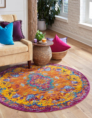 Orange 5' 3 x 5' 3 Calypso Round Area Rug 100% Polypropylene With Cotton Backing Colorful Vivid Traditional Design Carpet for Living Office Dining Rooms for Sale at Rug Engine