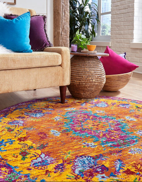 Orange 7' 10 x 7' 10 Calypso Round Area Rug 100% Polypropylene With Cotton Backing Colorful Vivid Traditional Design Carpet for Living Office Dining Rooms for Sale at Rug Engine
