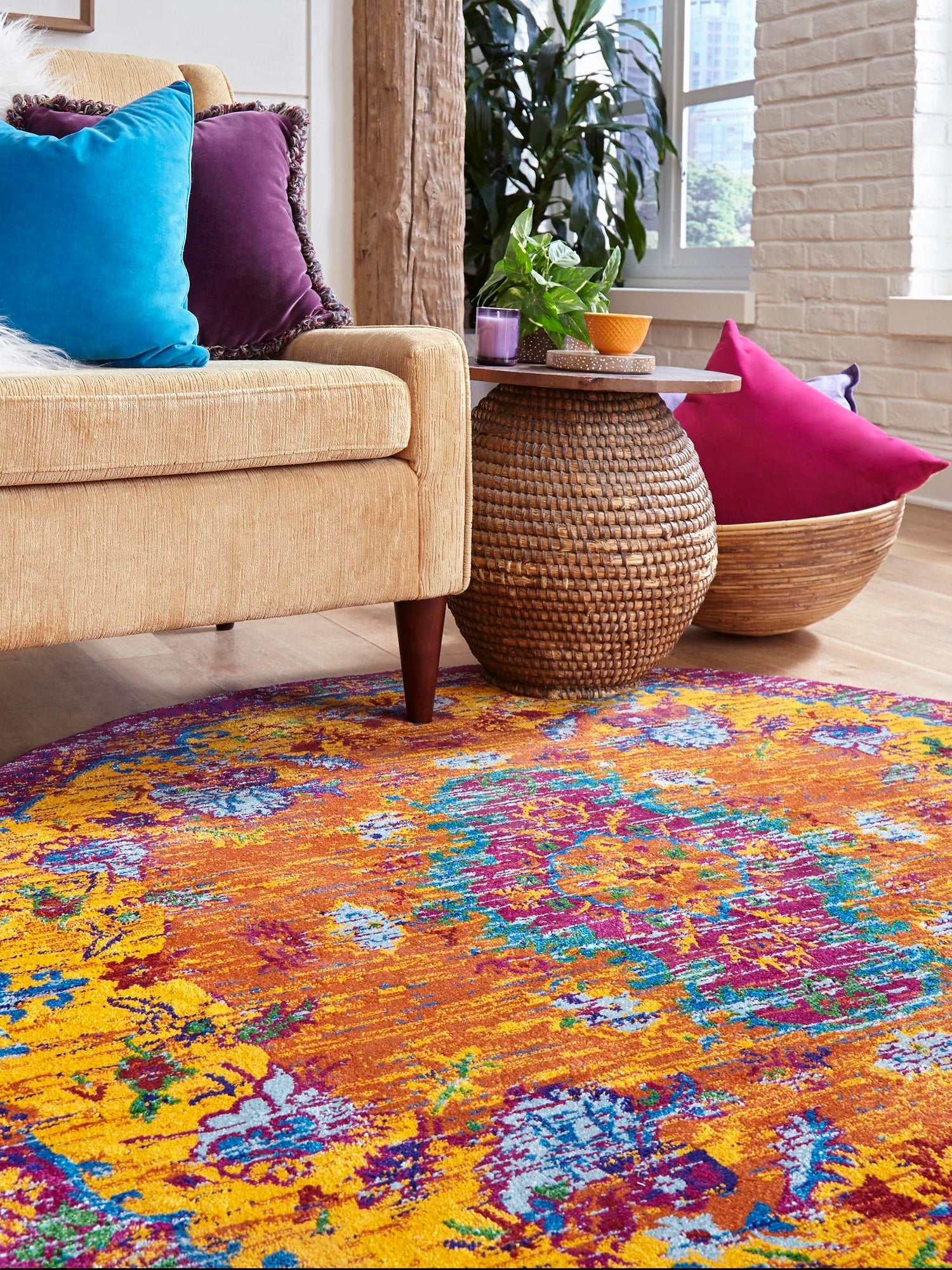 Orange 4' x 4' Calypso Round Area Rug 100% Polypropylene With Cotton Backing Colorful Vivid Traditional Design Carpet for Living Office Dining Rooms for Sale at Rug Engine