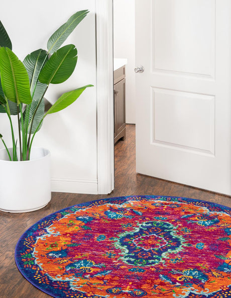 Fuchsia 4' x 4' Calypso Round Area Rug 100% Polypropylene With Cotton Backing Colorful Vivid Traditional Design Carpet for Living Office Dining Rooms for Sale at Rug Engine