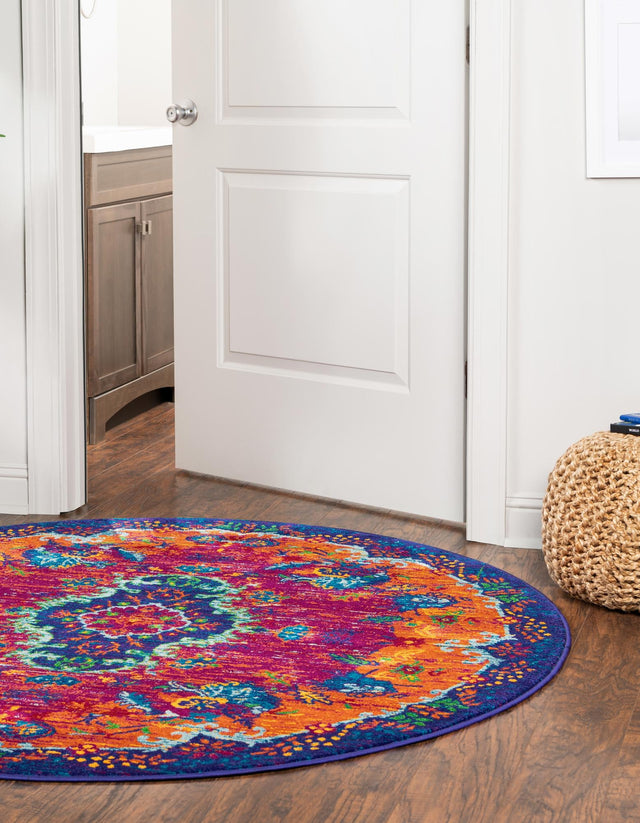 Fuchsia 7' 10 x 7' 10 Calypso Round Area Rug 100% Polypropylene With Cotton Backing Colorful Vivid Traditional Design Carpet for Living Office Dining Rooms for Sale at Rug Engine