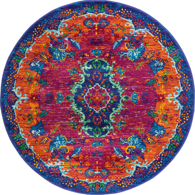 Fuchsia 5' 3 x 5' 3 Calypso Round Area Rug 100% Polypropylene With Cotton Backing Colorful Vivid Traditional Design Carpet for Living Office Dining Rooms for Sale at Rug Engine