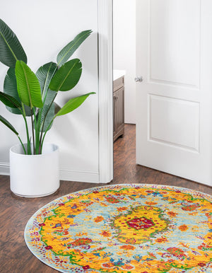 Aqua 5' 3 x 5' 3 Calypso Round Area Rug 100% Polypropylene With Cotton Backing Colorful Vivid Traditional Design Carpet for Living Office Dining Rooms for Sale at Rug Engine