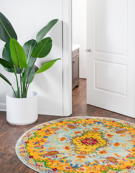 Aqua 5' 3 x 5' 3 Calypso Round Area Rug 100% Polypropylene With Cotton Backing Colorful Vivid Traditional Design Carpet for Living Office Dining Rooms for Sale at Rug Engine