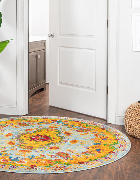 Aqua 5' 3 x 5' 3 Calypso Round Area Rug 100% Polypropylene With Cotton Backing Colorful Vivid Traditional Design Carpet for Living Office Dining Rooms for Sale at Rug Engine