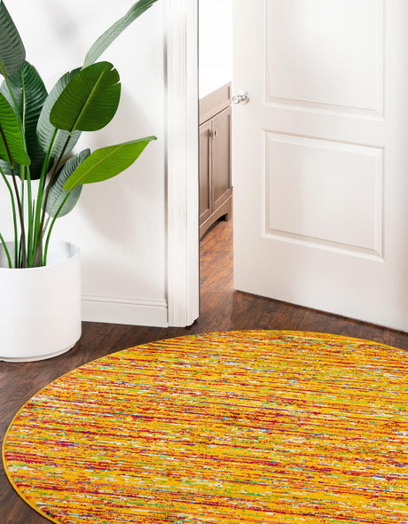 Yellow 4' x 4' Calypso Round Area Rug 100% Polypropylene With Cotton Backing Colorful Vivid Traditional Design Carpet for Living Office Dining Rooms for Sale at Rug Engine