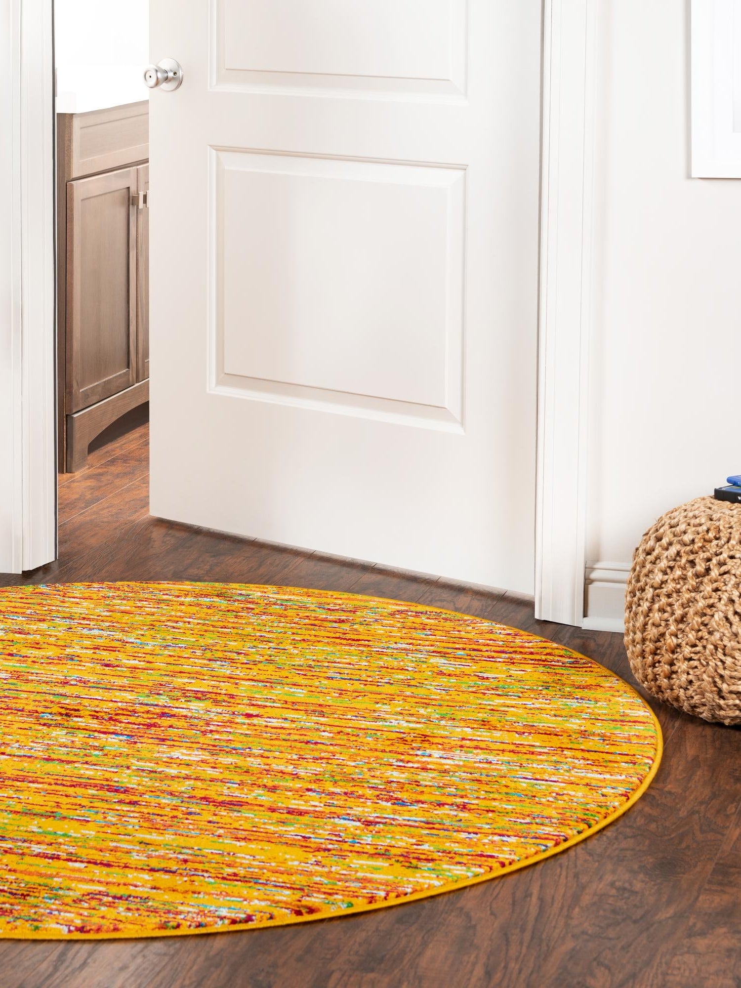 Yellow 4' x 4' Calypso Round Area Rug 100% Polypropylene With Cotton Backing Colorful Vivid Traditional Design Carpet for Living Office Dining Rooms for Sale at Rug Engine
