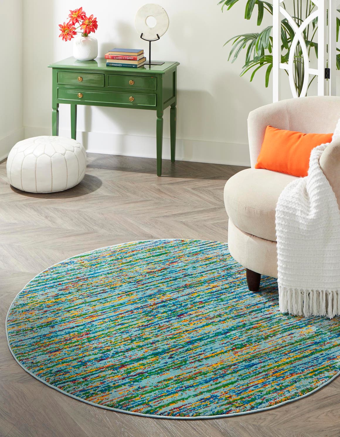 Aqua 4' x 4' Calypso Round Area Rug 100% Polypropylene With Cotton Backing Colorful Vivid Traditional Design Carpet for Living Office Dining Rooms for Sale at Rug Engine