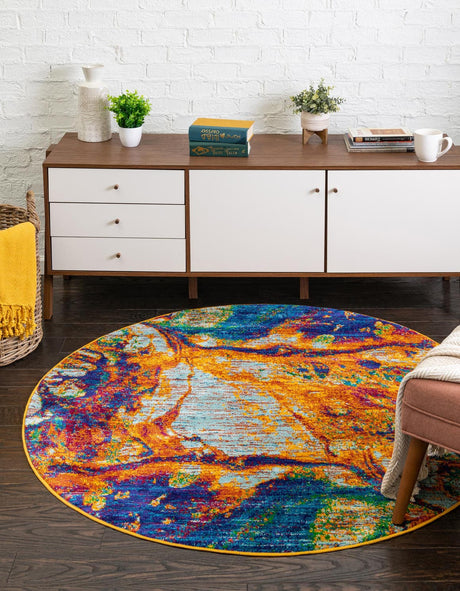 Multicolor 4' x 4' Calypso Round Area Rug 100% Polypropylene With Cotton Backing Colorful Vivid Traditional Design Carpet for Living Office Dining Rooms for Sale at Rug Engine