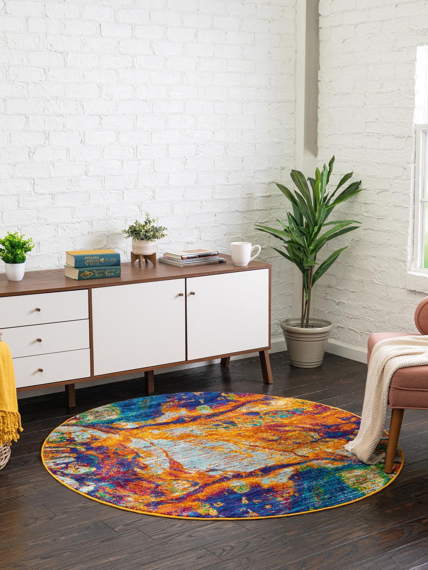 Multicolor 4' x 4' Calypso Round Area Rug 100% Polypropylene With Cotton Backing Colorful Vivid Traditional Design Carpet for Living Office Dining Rooms for Sale at Rug Engine