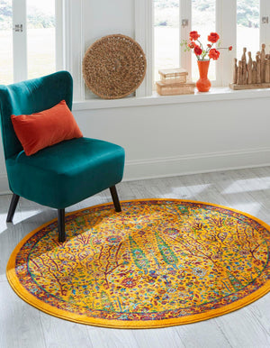 Yellow 4' x 4' Calypso Round Area Rug 100% Polypropylene With Cotton Backing Colorful Vivid Traditional Design Carpet for Living Office Dining Rooms for Sale at Rug Engine