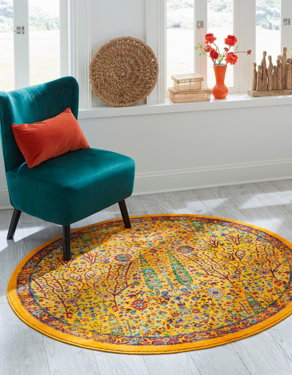 Yellow 7' 10 x 7' 10 Calypso Round Area Rug 100% Polypropylene With Cotton Backing Colorful Vivid Traditional Design Carpet for Living Office Dining Rooms for Sale at Rug Engine