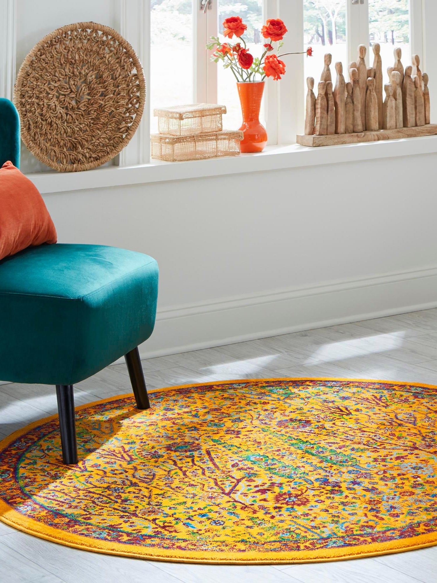 Yellow 7' 10 x 7' 10 Calypso Round Area Rug 100% Polypropylene With Cotton Backing Colorful Vivid Traditional Design Carpet for Living Office Dining Rooms for Sale at Rug Engine