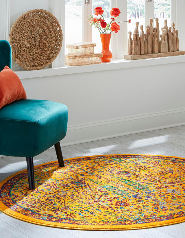 Yellow 4' x 4' Calypso Round Area Rug 100% Polypropylene With Cotton Backing Colorful Vivid Traditional Design Carpet for Living Office Dining Rooms for Sale at Rug Engine