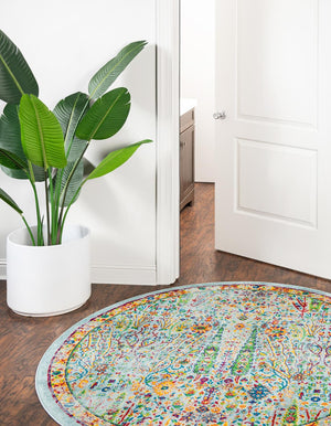 Aqua 5' 3 x 5' 3 Calypso Round Area Rug 100% Polypropylene With Cotton Backing Colorful Vivid Traditional Design Carpet for Living Office Dining Rooms for Sale at Rug Engine