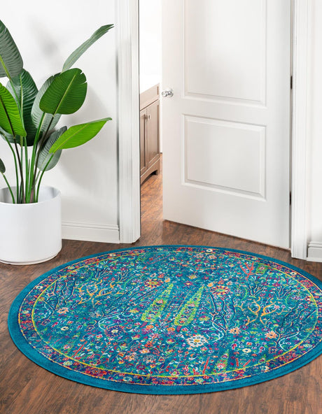 Navy Blue 7' 10 x 7' 10 Calypso Round Area Rug 100% Polypropylene With Cotton Backing Colorful Vivid Traditional Design Carpet for Living Office Dining Rooms for Sale at Rug Engine