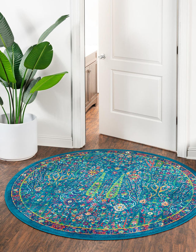 Navy Blue 3' 3 x 3' 3 Calypso Round Area Rug 100% Polypropylene With Cotton Backing Colorful Vivid Traditional Design Carpet for Living Office Dining Rooms for Sale at Rug Engine