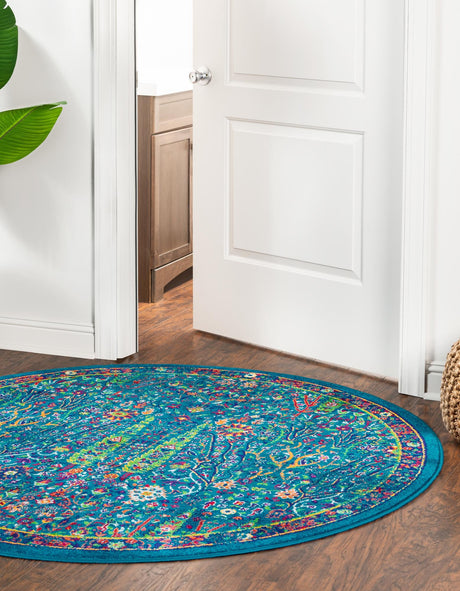 Navy Blue 6' 1 x 6' 1 Calypso Round Area Rug 100% Polypropylene With Cotton Backing Colorful Vivid Traditional Design Carpet for Living Office Dining Rooms for Sale at Rug Engine
