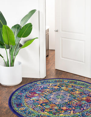 Navy Blue 5' 3 x 5' 3 Calypso Round Area Rug 100% Polypropylene With Cotton Backing Colorful Vivid Traditional Design Carpet for Living Office Dining Rooms for Sale at Rug Engine