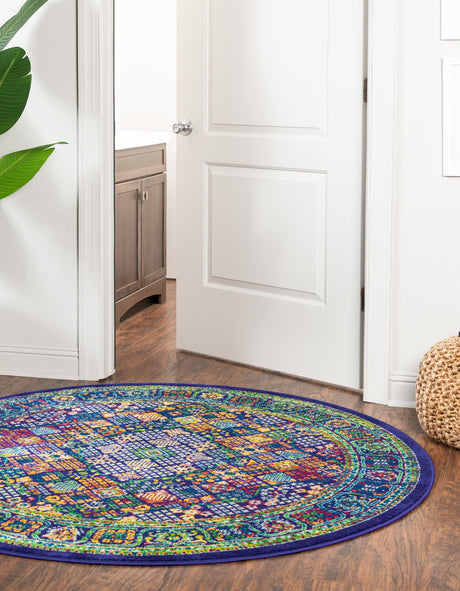 Navy Blue 4' x 4' Calypso Round Area Rug 100% Polypropylene With Cotton Backing Colorful Vivid Traditional Design Carpet for Living Office Dining Rooms for Sale at Rug Engine