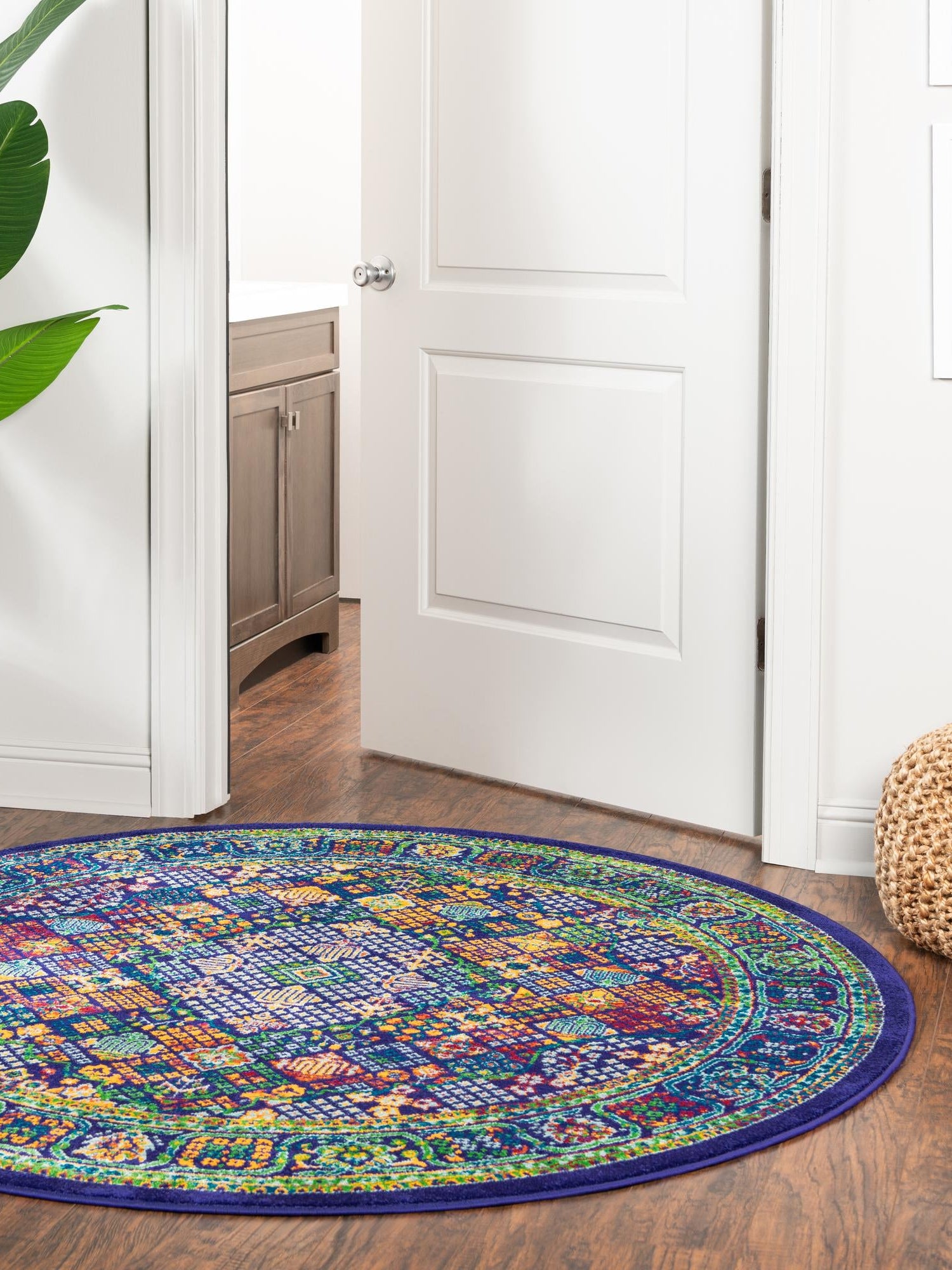 Navy Blue 10' x 10' Calypso Round Area Rug 100% Polypropylene With Cotton Backing Colorful Vivid Traditional Design Carpet for Living Office Dining Rooms for Sale at Rug Engine
