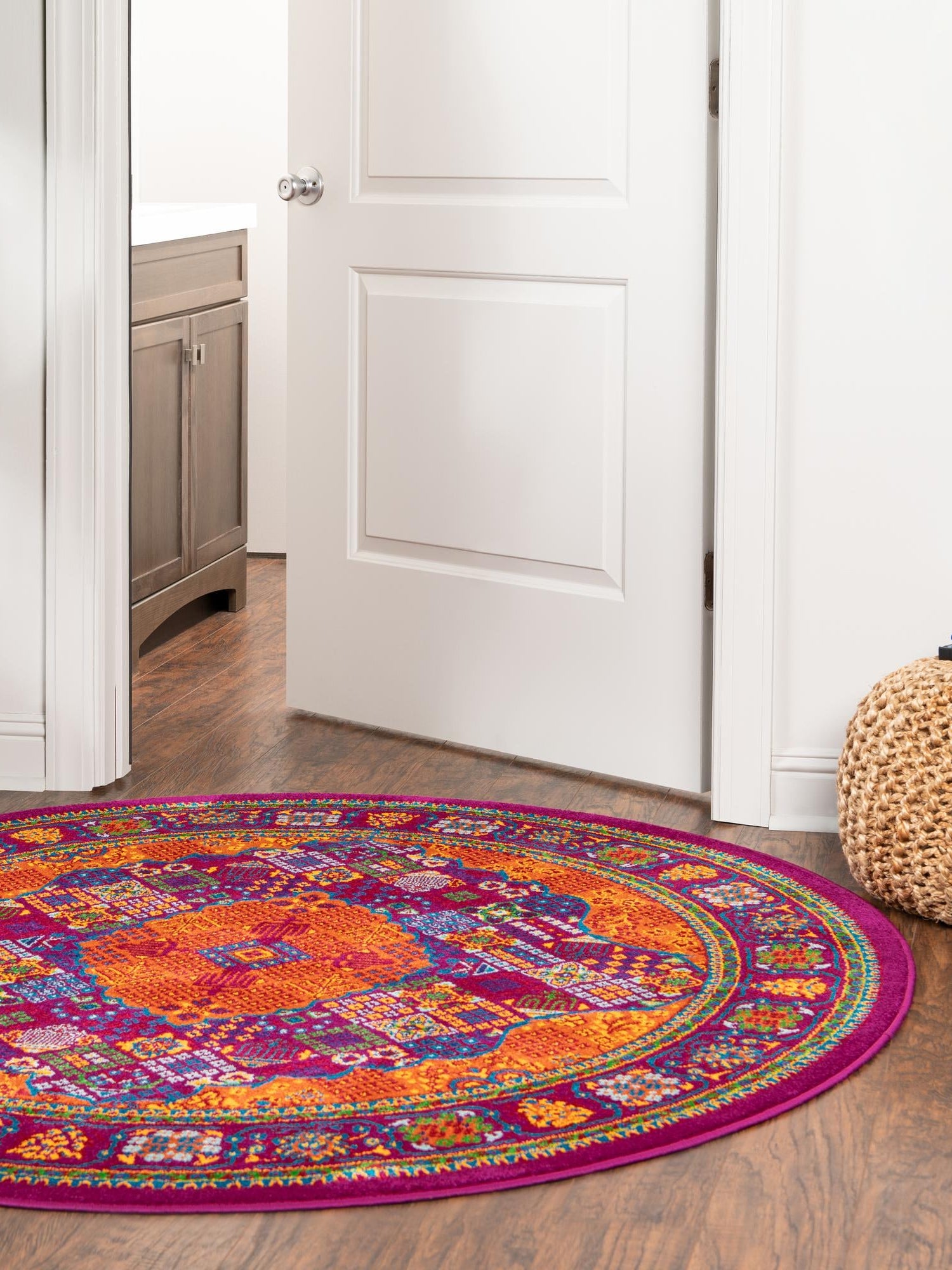 Fuchsia 5' 3 x 5' 3 Calypso Round Area Rug 100% Polypropylene With Cotton Backing Colorful Vivid Traditional Design Carpet for Living Office Dining Rooms for Sale at Rug Engine