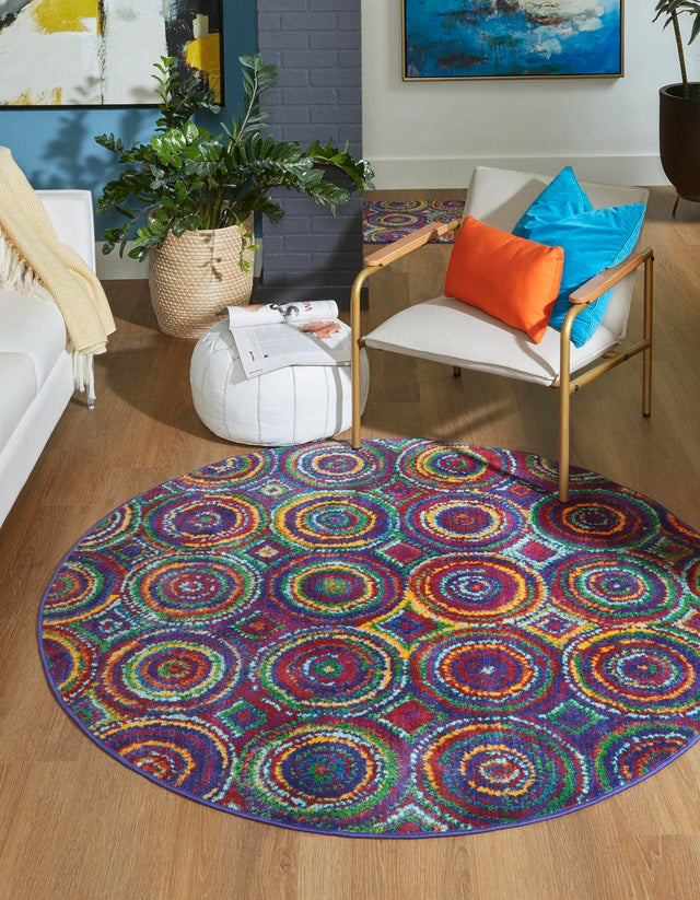 Multicolor 4' x 4' Calypso Round Area Rug 100% Polypropylene With Cotton Backing Colorful Vivid Traditional Design Carpet for Living Office Dining Rooms for Sale at Rug Engine
