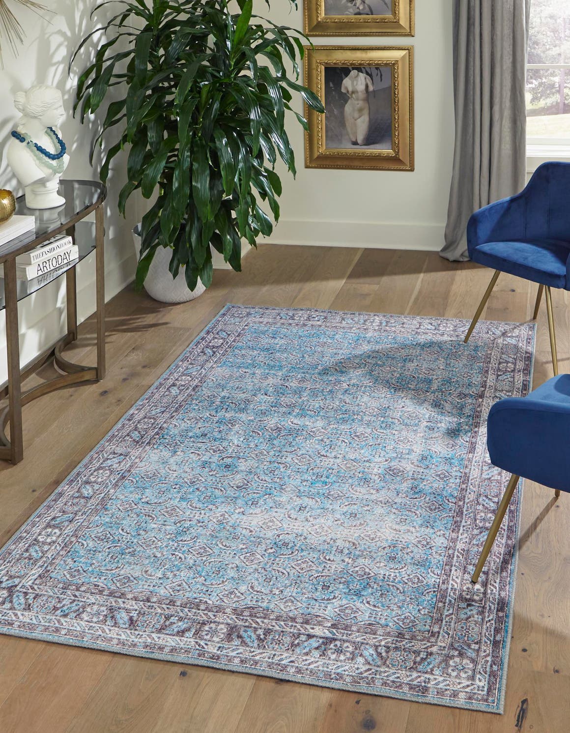 Washable Blue 5' x 8' Timeless Rectangle Area Rug Easy to Clean Stain Resistant & Durable Traditional Classic Vintage Design Carpet for Sale at Rug Engine