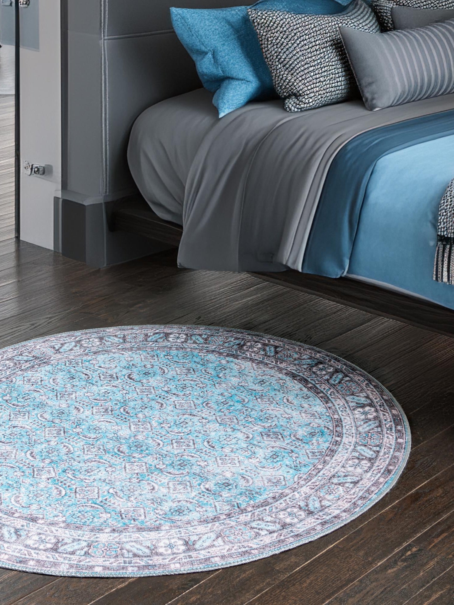 Washable Blue 5' x 5' Timeless Round Area Rug Easy to Clean Stain Resistant & Durable Traditional Classic Vintage Design Carpet for Sale at Rug Engine