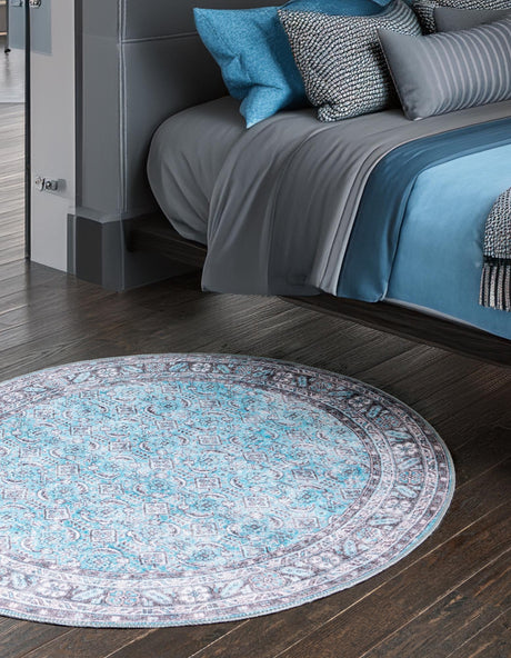Washable Blue 5' x 5' Timeless Round Area Rug Easy to Clean Stain Resistant & Durable Traditional Classic Vintage Design Carpet for Sale at Rug Engine