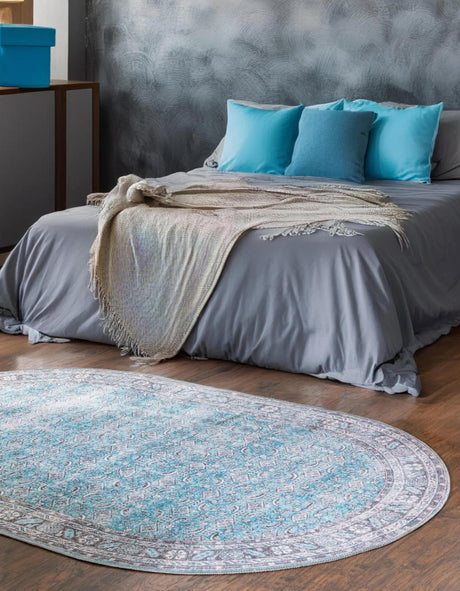 Washable Blue 7' 6 x 10' 6 Timeless Oval Area Rug Easy to Clean Stain Resistant & Durable Traditional Classic Vintage Design Carpet for Sale at Rug Engine