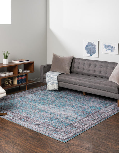 Washable Blue 7' 6 x 7' 6 Timeless Square Area Rug Easy to Clean Stain Resistant & Durable Traditional Classic Vintage Design Carpet for Sale at Rug Engine