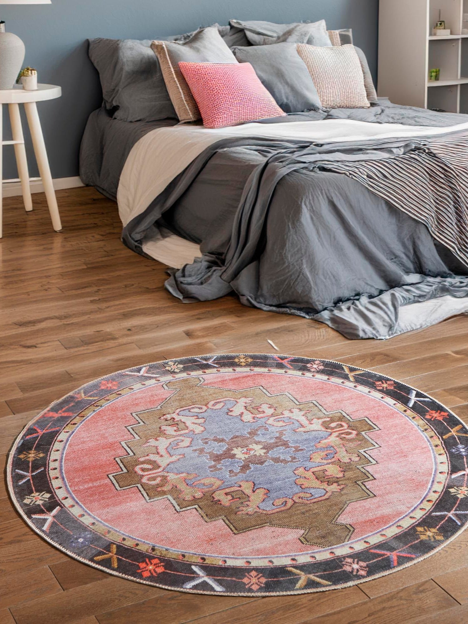 Washable Pink 3' 6 x 3' 6 Timeless Round Area Rug Easy to Clean Stain Resistant & Durable Traditional Classic Vintage Design Carpet for Sale at Rug Engine