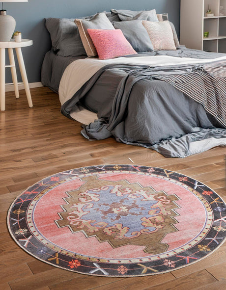 Washable Pink 3' 6 x 3' 6 Timeless Round Area Rug Easy to Clean Stain Resistant & Durable Traditional Classic Vintage Design Carpet for Sale at Rug Engine