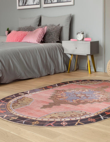 Washable Pink 7' 6 x 10' 6 Timeless Oval Area Rug Easy to Clean Stain Resistant & Durable Traditional Classic Vintage Design Carpet for Sale at Rug Engine