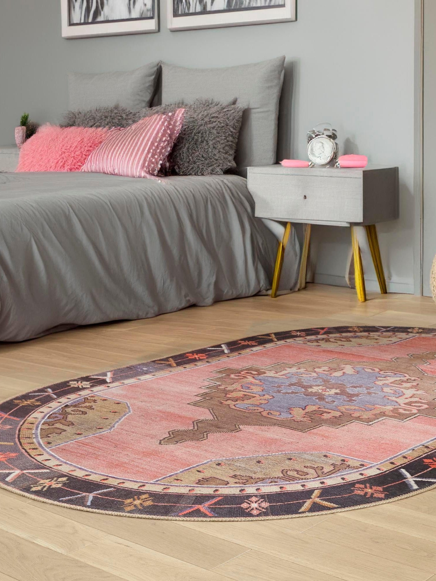Washable Pink 4' x 6' Timeless Oval Area Rug Easy to Clean Stain Resistant & Durable Traditional Classic Vintage Design Carpet for Sale at Rug Engine