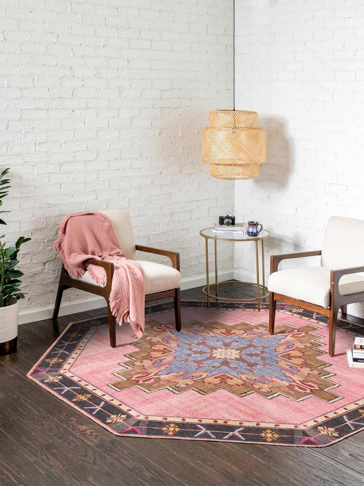 Washable Pink 5' x 5' Timeless Octagon Area Rug Easy to Clean Stain Resistant & Durable Traditional Classic Vintage Design Carpet for Sale at Rug Engine