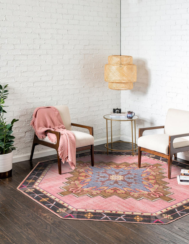 Washable Pink 5' x 5' Timeless Octagon Area Rug Easy to Clean Stain Resistant & Durable Traditional Classic Vintage Design Carpet for Sale at Rug Engine